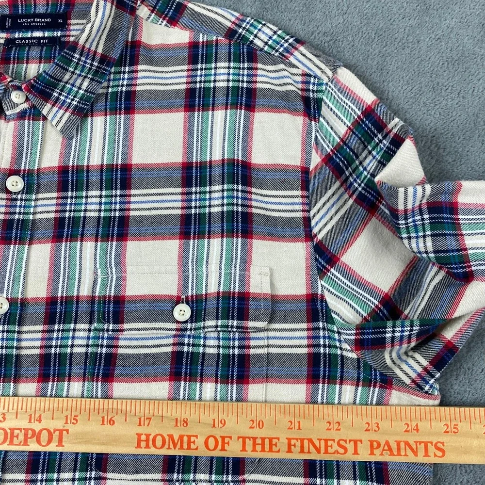Lucky Brand Mens XL Shirt Cream Red Green Plaid Classic Fit Flannel Button Down